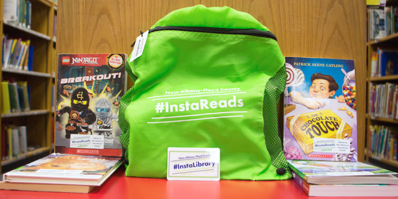 #InstaReads book bag with #InstaLibrary card and books