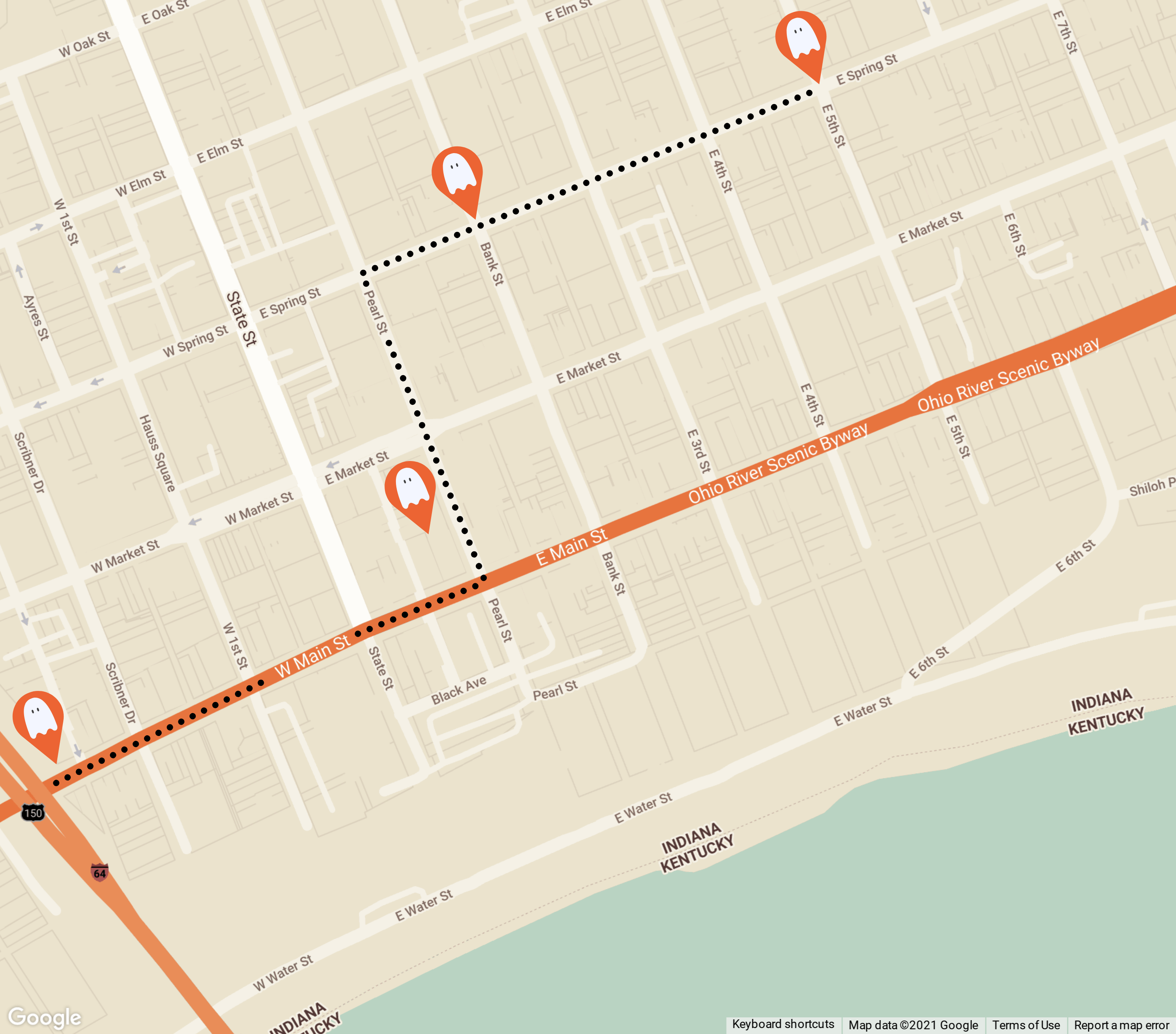 Ghost Walk Map detailing locations mentioned in post.